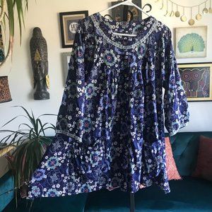 GUDRUN SJODEN sz M Navy Blue Floral Organic Cotton A-Line Artist Smock Tunic NWT